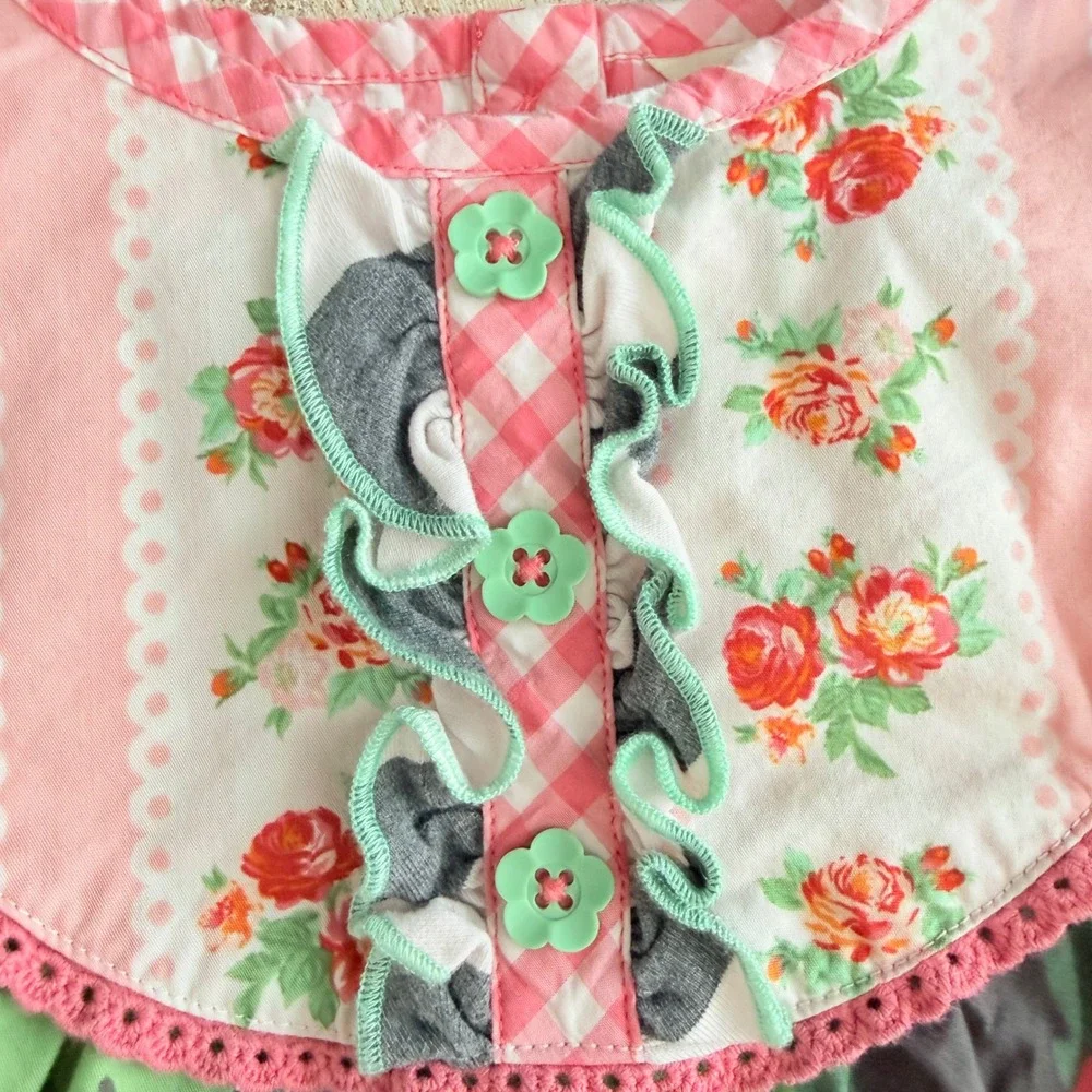 Matilda Jane Dress Floral Gingham Ruffles Pink‎ Green Girls 6